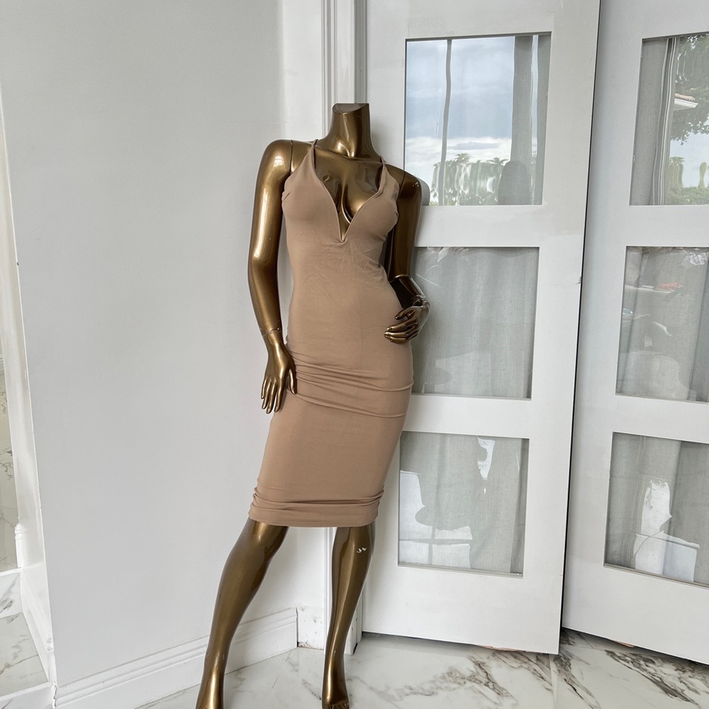 Hot Miami Styles Tan Midi Dress